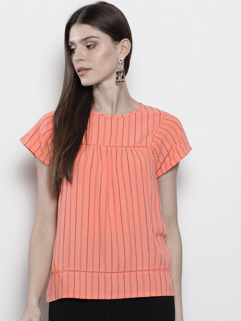 

Marks & Spencer Women Peach-Coloured & Black Self Striped Top