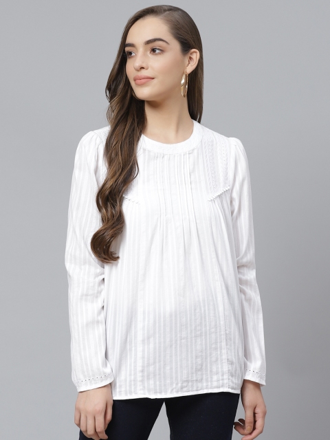 

Marks & Spencer White Pure Cotton Pleated Schiffli Striped Puff Sleeves Regular Top