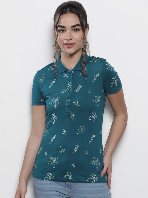

Marks & Spencer Women Teal Blue & Off-White Printed Polo Collar T-shirt