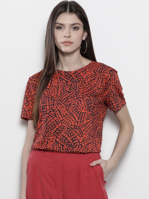 

Marks & Spencer Women Orange & Navy Blue Printed Round Neck T-shirt, Red