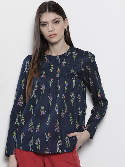 

Marks & Spencer Women Navy Blue & Green Printed A-Line Pure Cotton Top