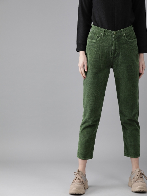 

Roadster Women Olive Green Boyfriend Fit High-Rise Clean Look Corduroy Cropped Jeans