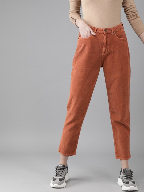 

Roadster Women Rust Orange Boyfriend Fit Solid Cropped Corduroy Regular Trousers