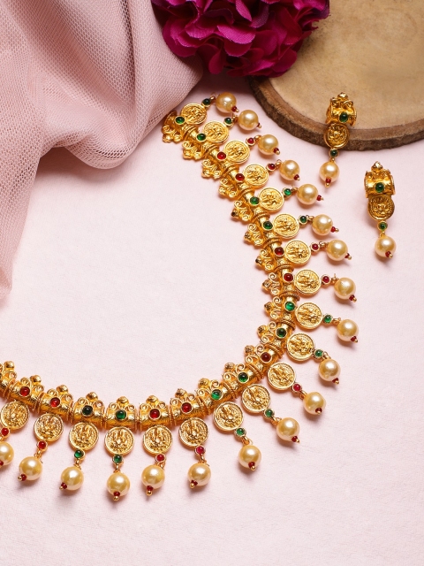 

Rubans Gold-Plated Red & Off-White Stone-Studded & Beaded Handcrafted Traditional Jewellery Set