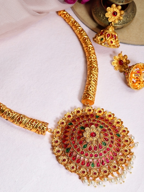 

Rubans Gold-Plated Red & Off-White Color Stone-Studded & Beaded Handcrafted Temple Jewellery Set