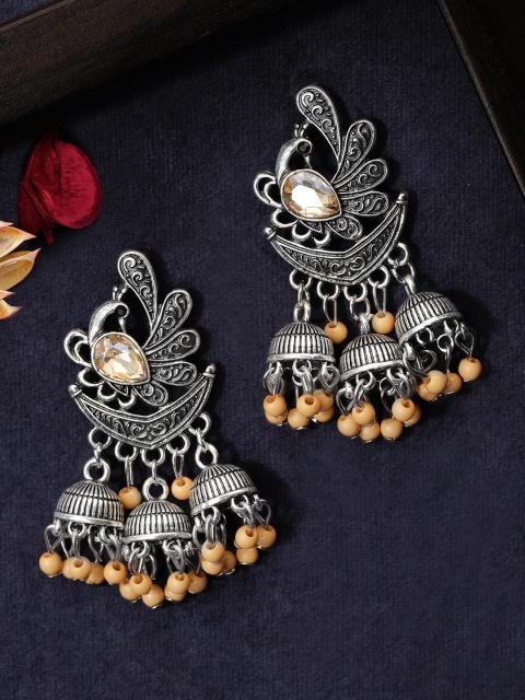 

Rubans Silver-Plated Oxidised Handcrafted Peacock Shaped Jhumkas