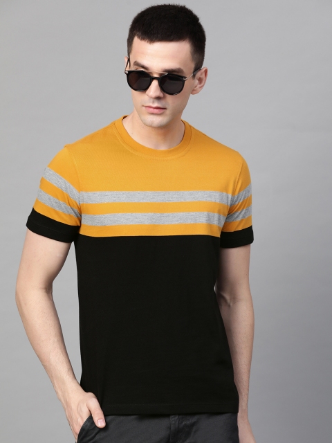 Men Black Mustard Yellow Colourblocked Round Neck Pure Cotton T-shirt