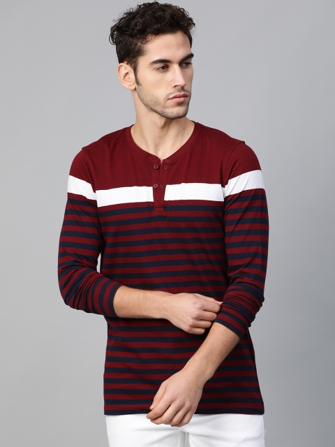 

Roadster Men Maroon & Navy Blue Striped Henley Neck T-shirt