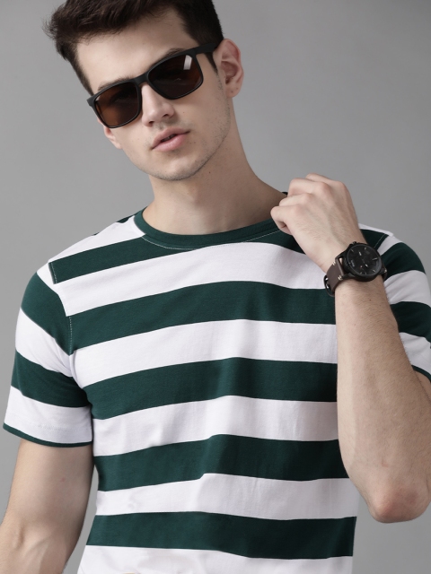 

Roadster Men Teal Green & White Striped Round Neck T-shirt