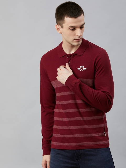 

Roadster Men Maroon & Odd-White Striped Polo Collar T-shirt