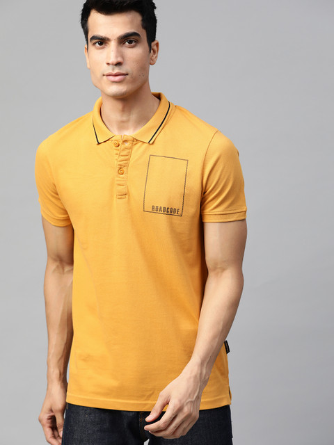 

Roadster Men Mustard Yellow Solid Polo Collar T-shirt