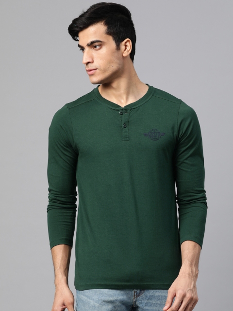 

Roadster Men Olive Green Solid Henley Neck T-shirt