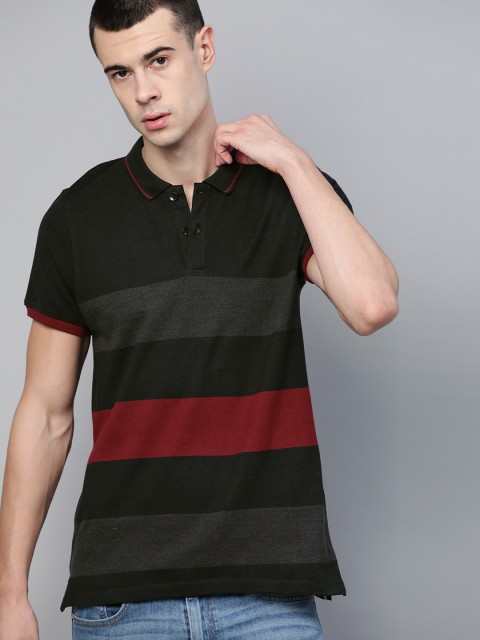 

Roadster Men Black & Charcoal Grey Striped Polo Collar T-shirt
