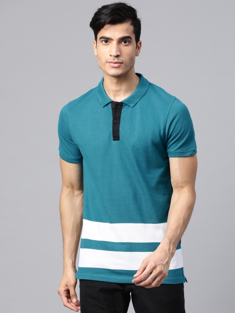 

Roadster Men Teal Blue & White Colourblocked Polo Collar T-shirt