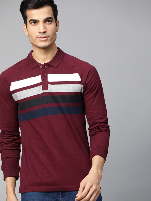

Roadster Men Maroon & Navy Blue Striped Polo Collar T-shirt