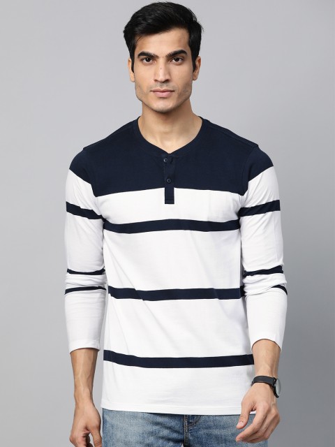 

Roadster Men White & Navy Striped Henley Neck T-shirt