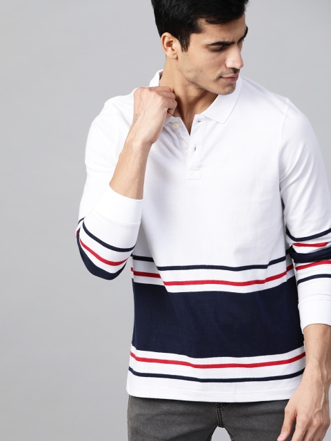 

Roadster Men White & Navy Striped Polo Collar T-shirt