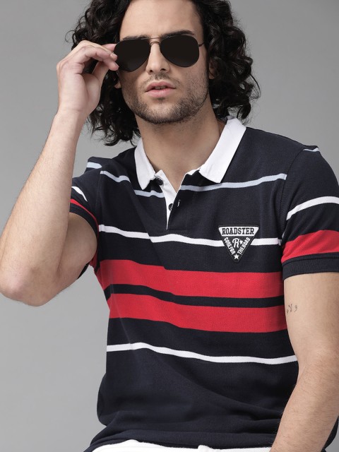 

Roadster Men Navy Blue & Red Striped Pure Cotton Polo Collar T-shirt