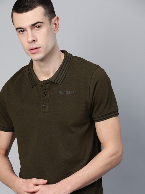 

Roadster Men Olive Green Solid Polo Collar T-shirt