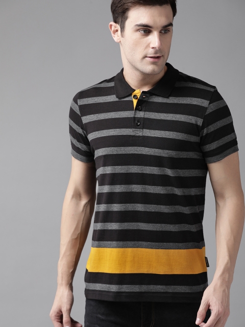 

Roadster Men Charcoal Grey & Black Striped Polo Collar T-shirt