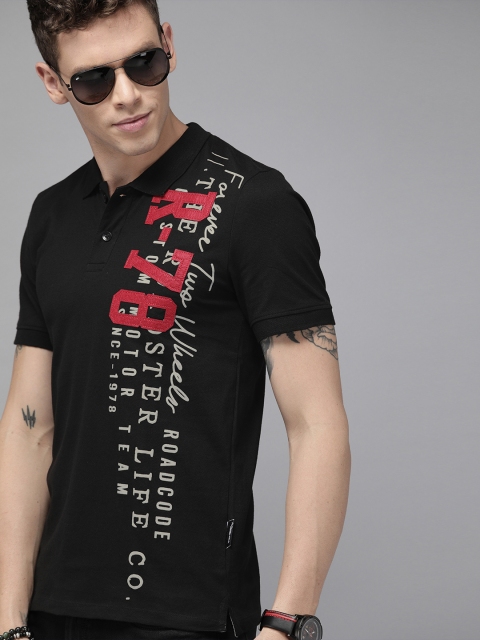 

Roadster Men Black Pure Cotton Printed Polo Collar T-shirt