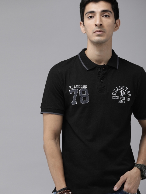 

Roadster Men Black Logo Printed Polo Collar Pure Cotton T-shirt