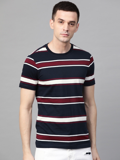 

Roadster Men Navy Blue & White Striped Round Neck T-shirt