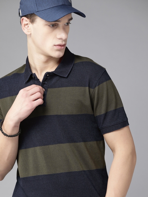 

Roadster Men Olive Green & Navy Blue Striped Polo Collar T-shirt