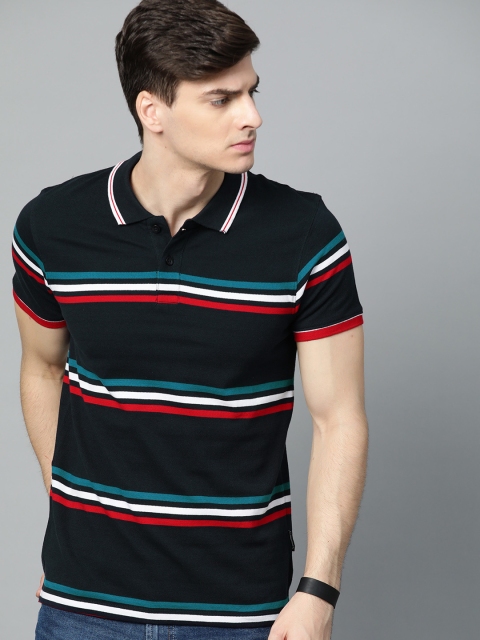 

Roadster Men Navy Blue Striped Polo Collar T-shirt