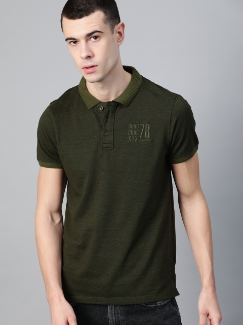 Men Olive Green Solid Polo Collar Pure Cotton T-shirt