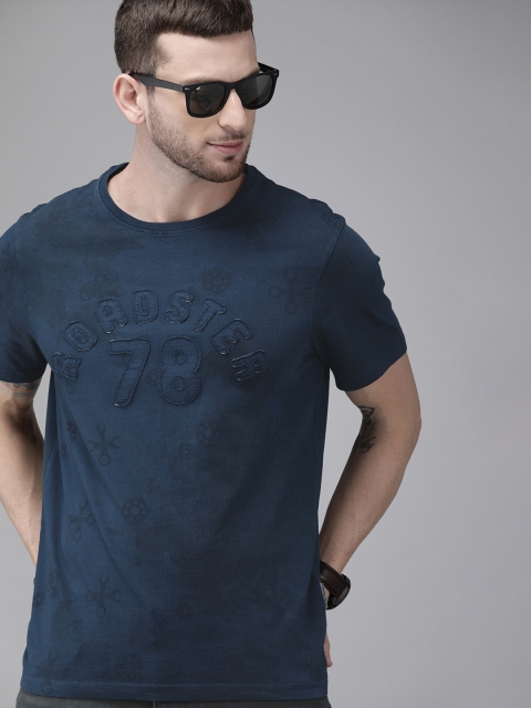 

Roadster Men Navy Blue Black Printed Round Neck Pure Cotton T-shirt With Applique Detailing