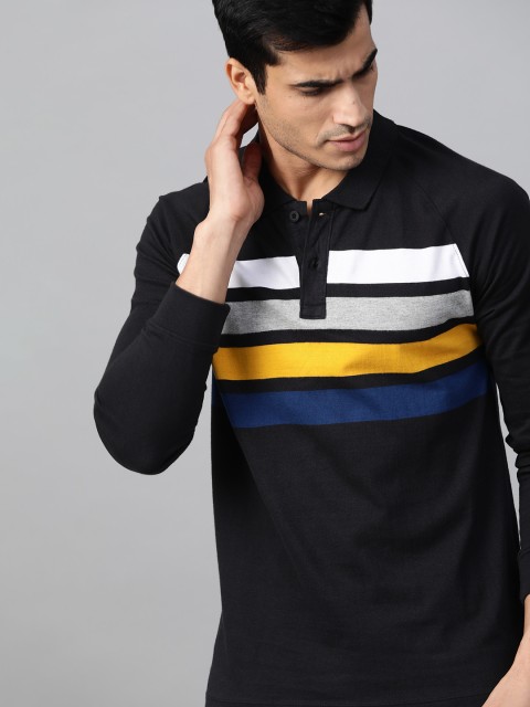 

Roadster Men Black & White Striped Polo Collar T-shirt