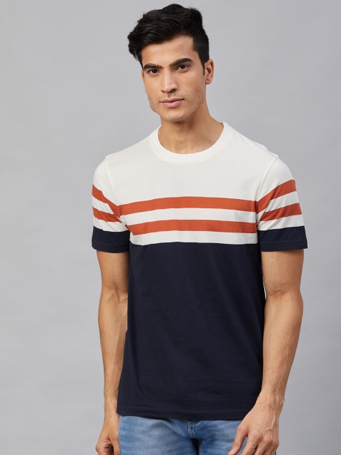 

Roadster Men Navy Blue and Off-White Striped Round Neck T-shirt
