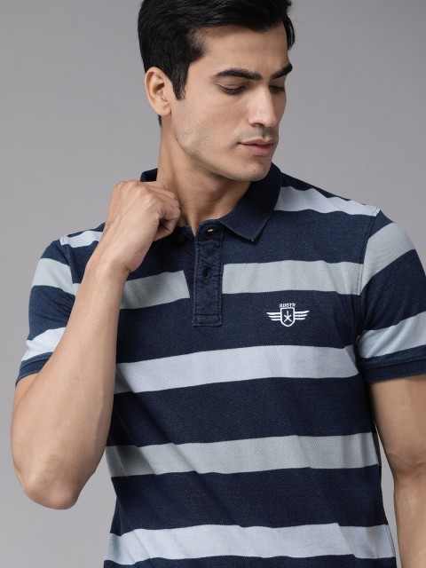 

Roadster Men Blue Striped Polo Collar T-shirt