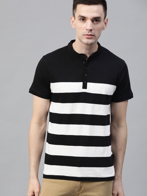 

Roadster Men Black & White Striped Mandarin Collar T-shirt