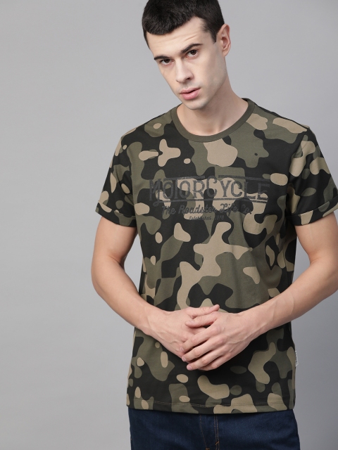 

Roadster Men Olive Green & Beige Camouflage Printed Round Neck T-shirt