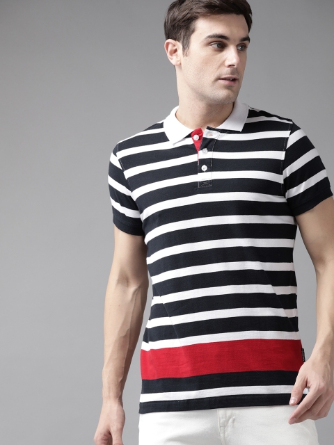 

Roadster Men White & Navy Blue Striped Polo Collar T-shirt