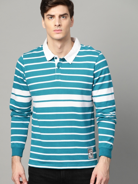 

Roadster Men Teal Blue & White Striped Polo Collar T-shirt