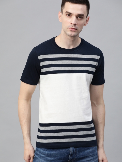 

Roadster Men White & Navy Blue Striped Round Neck T-shirt
