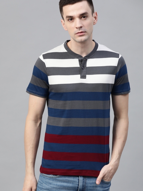 

Roadster Men Charcoal Grey & Blue Striped Henley Neck T-shirt