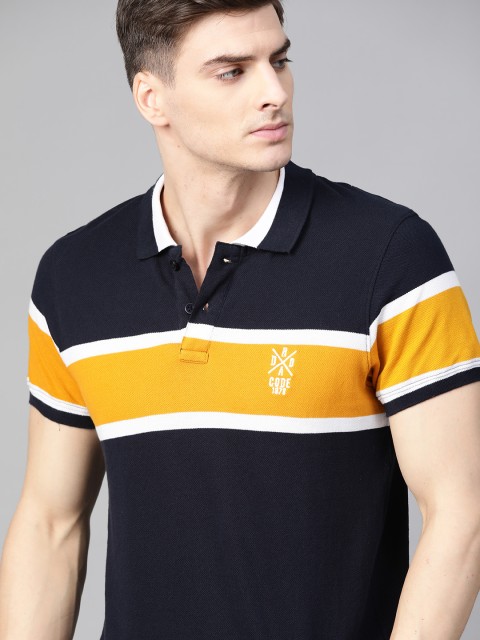 

Roadster Men Navy Blue & Mustard Yellow Colourblocked Polo Collar T-shirt
