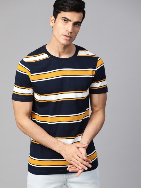 

Roadster Men Navy Blue & Mustard Yellow Striped Round Neck T-shirt