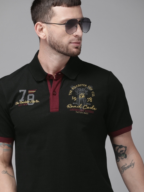 

Roadster Men Black Brand Logo Printed Polo Collar T-shirt