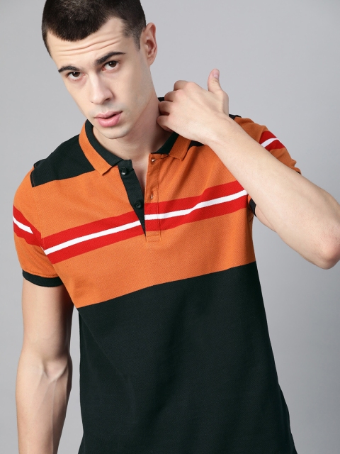 

Roadster Men Orange & Black Colourblocked Polo Collar T-shirt