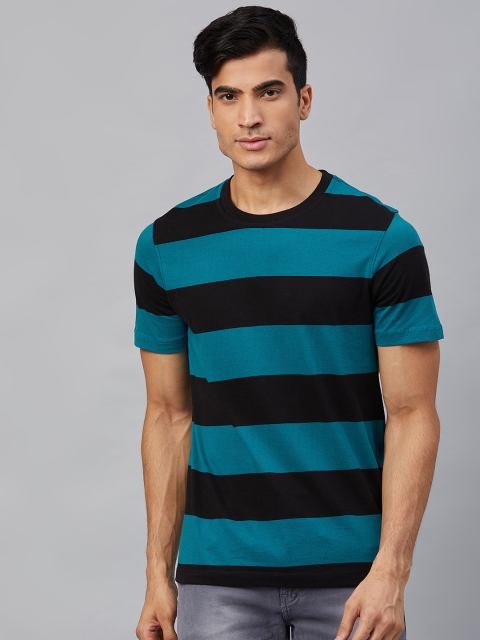 

Roadster Men Black and Blue Striped Round Neck T-shirt