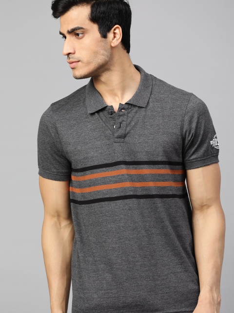 

Roadster Men Charcoal Grey And Orange Striped Polo Collar T-shirt