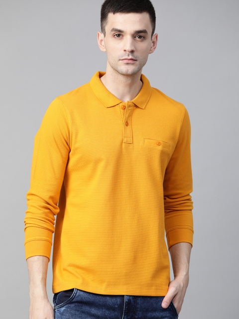 

Roadster Men Mustard Self Design Polo Collar T-shirt