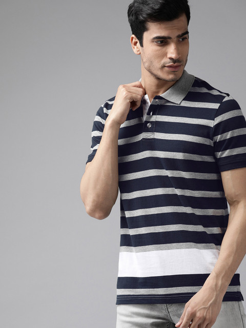 

Roadster Men Navy Blue & Grey Melange Striped Polo Collar T-shirt