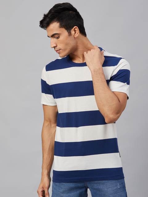 

Roadster Men Navy Blue and White Striped Round Neck T-shirt