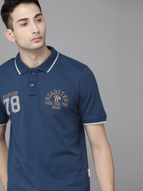 

Roadster Men Navy Blue Solid Polo Collar T-shirt with Embroidery